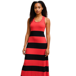 Papaya Rayon Stripe Sleeveless Racerback Maxi Dress Black Coral Scoop Neck Small